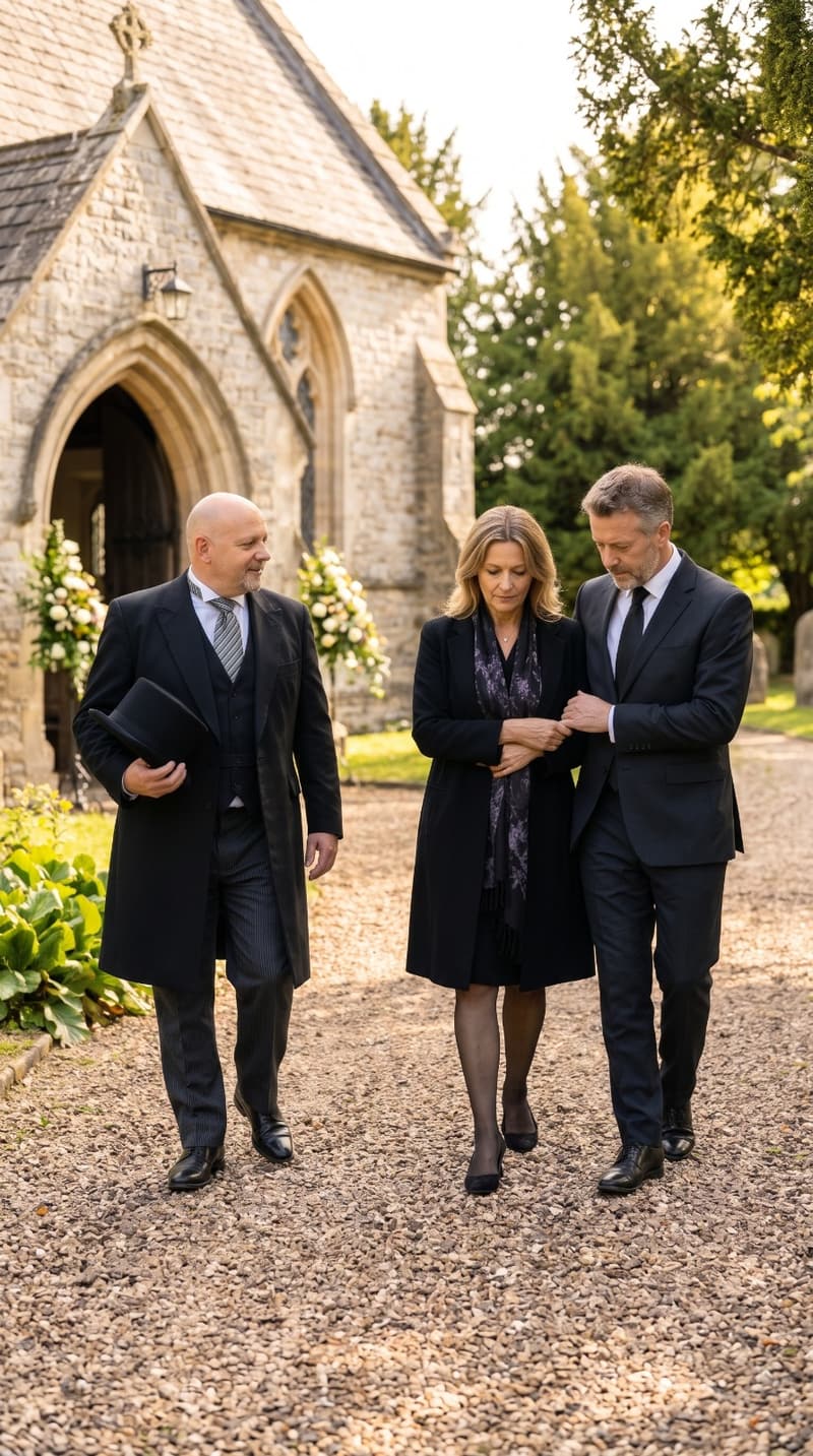 Steve Grocutt, top hat in hand, walking beside a couple arm in arm along a gravel path outside a stone church